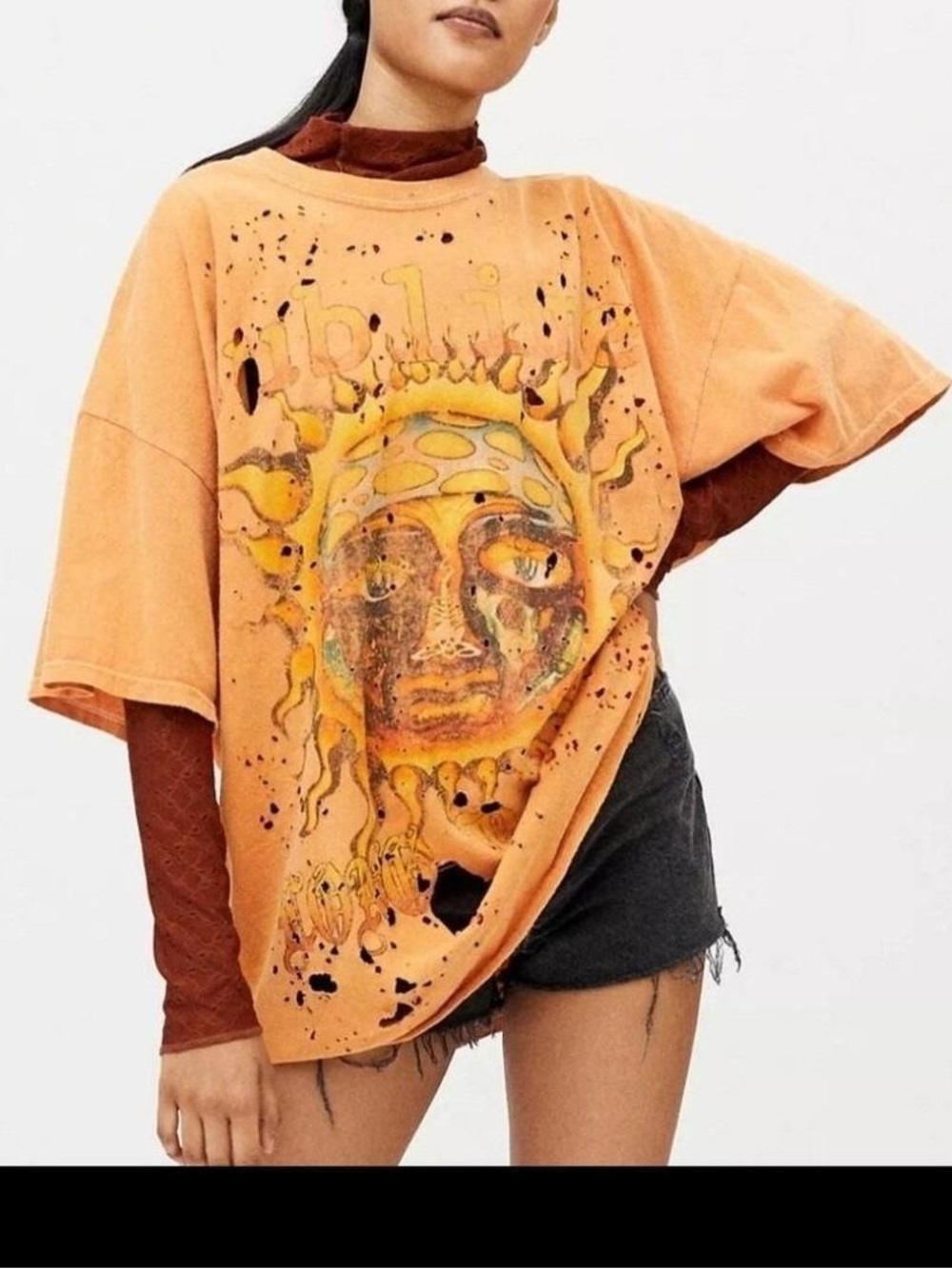 Sublime Vintage Oversized Distressed Raw Hem Urban Outfitter Orange T Shirt S/M